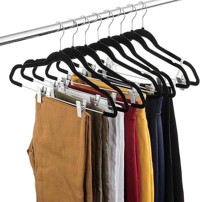 Premium Velvet Hangers with Clips, 10-Pack, Black, Non-Slip Pants and Clothes Hangers with Adjustable Metal Grips