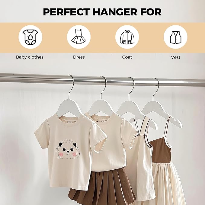 Quality 12-Inch Ultra Slim Kids Wooden Hangers – Multi-Pack – Space Saving White Design with Nickel Swivel Hook – for Baby Clothes, Shirts & Dresses (White, No Bar, 20 Pack)