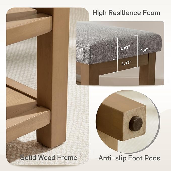 Shoe Rack Bench with Cushion, 2 Tier Solid Wood Storage Bench, Mid-Century Modern Shoe Bench for Entryway, Hallway, Closet, Front Door Entrance, Foyer (Grey, 31.5")