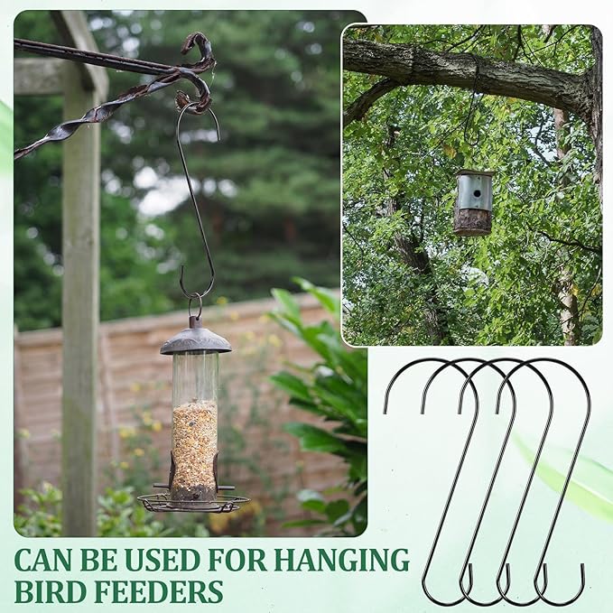 12 Pack 10 Inch Medium S Hooks for Hanging Plants & Closet Organization, Black Vinyl Coated Metal Hangers for Jeans Purses Towels Bird Feeders Heavy Duty Utility Metal Hooks