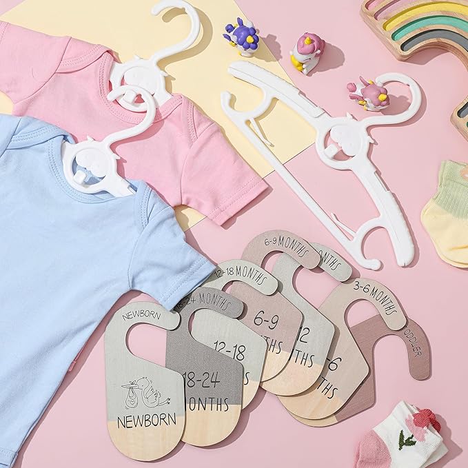 Hsei 38 Pack Baby Closet Organizer System-30 Baby Hangers with 8 Wooden Size Dividers Newborn to 24 Months Nursery Closet Organization Set, Extendable Non-Slip Hangers, Gift for New Moms