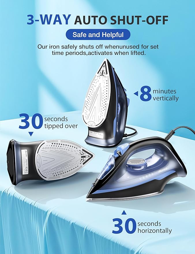 Steam Iron for Clothes 12s Fast Heat-up, 1500W Iron with 13.21oz Water Tank, 3-Way Auto shutoff, Burst Steam, Spray Mist, Anti-Drip, Self-Cleaning, Vertical Ironing for Home 20260108A