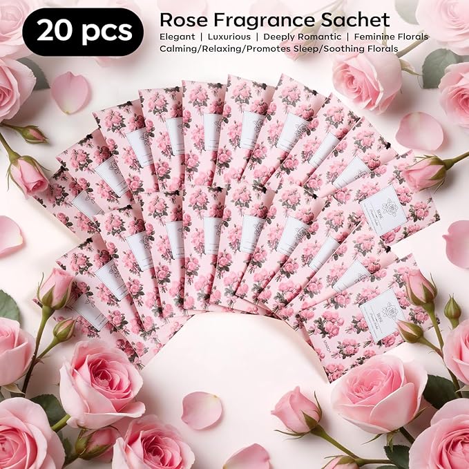 MYARO 20 Pack Rose Scented Sachets for Drawer, Closet & Car - Fresh Air Freshener Bags Home Fragrance, Odor Eliminator for New House Small Storage Space & Travel Luggage