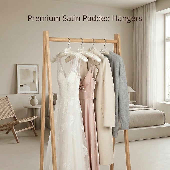 HOUSE DAY Beige Satin Padded Hangers for Women 4 Pack 17 Inch No Shoulder Bump Bride Hanger for Sweaters, Dresses, Clothing, Weddings, Lingerie