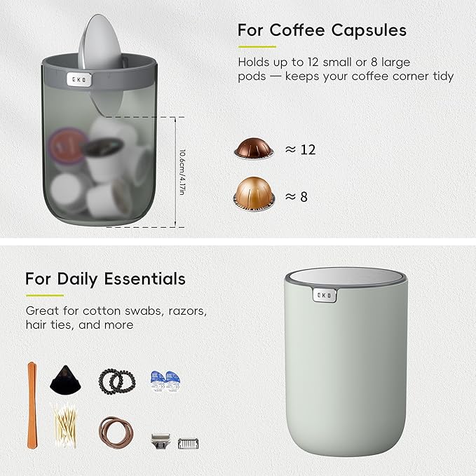 EKO Fandy 0.4 Gal/1.5L Mini Tabletop Trash Bin with Swing-Lid, Desktop Trash Can for Bathroom Countertop, Vanity, Coffee or Office, Small Garbage Bin (Sage)
