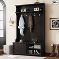 Modern 47'' Wide Hall Tree with Top Shelf and Storage Bench, Hallway Shoe Cabinet with Sliding Doors, Coat Rack with 5 Hanging Hooks for Entryways Hallways (Black-8.18)