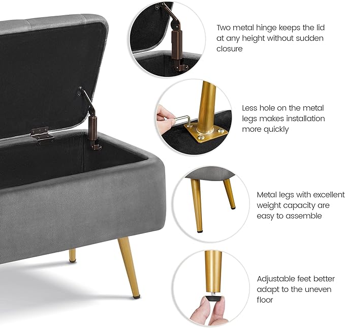 Yaheetech Ottoman with Storage, Velvet Entryway Bench with Safety Hinge, Upholstered Bench with Seating for Bedroom, Living Room, Holds up to 519 lb, Gray