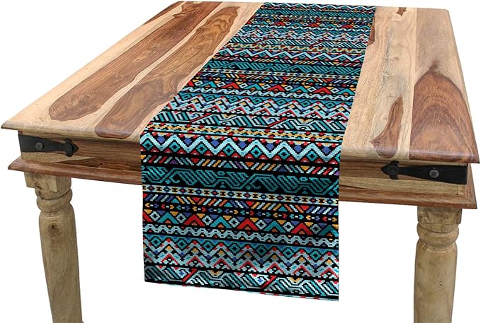 Lunarable Tribal Table Runner, Colorful Geometric Mexican Pixel Art Pattern Indigenous Native Style, Dining Room Kitchen Rectangular Runner, 16" X 120", Sea Blue Dried Rose