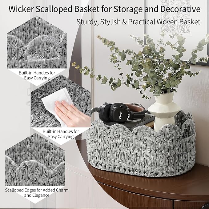 Wicker Scalloped Basket Set of 2,Woven Storage Baskets for Shelves,Closet,Laundry,Gift,Towels,Books,Toys,Waterproof Cute Decor Basket for Organizing,Grey