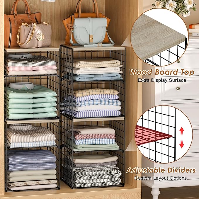 4-Tier Stackable Closet Organizers and Storage, Closet Shelves with Adjustable Dividers & Wood Top Extra Storage, Clothes Storage Basket Bins for Wardrobe, Closet Organizer System, Black