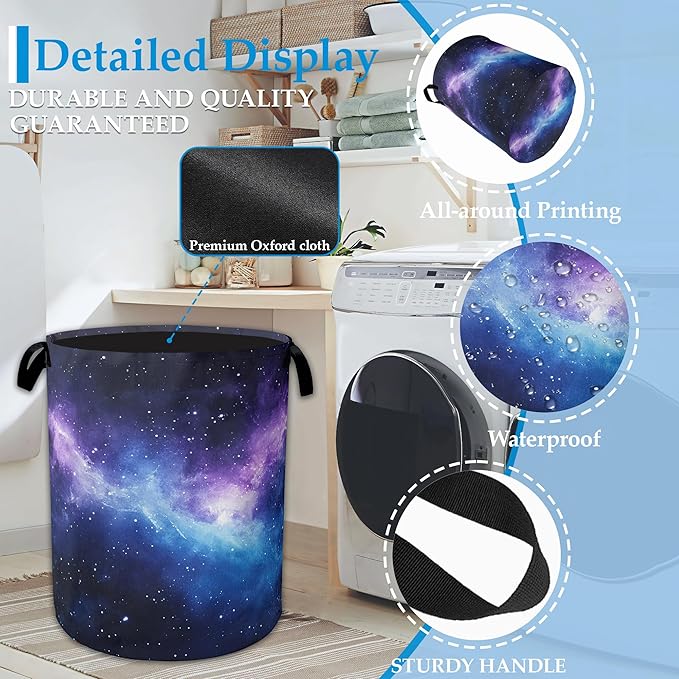 Purple Galaxy Laundry Basket Collapsible Laundry Hamper with Handle, Oxford Clothes Toy Storage Bin for Bathroom Bedroom Room Decor, Gift Basket 16" X 20.8"