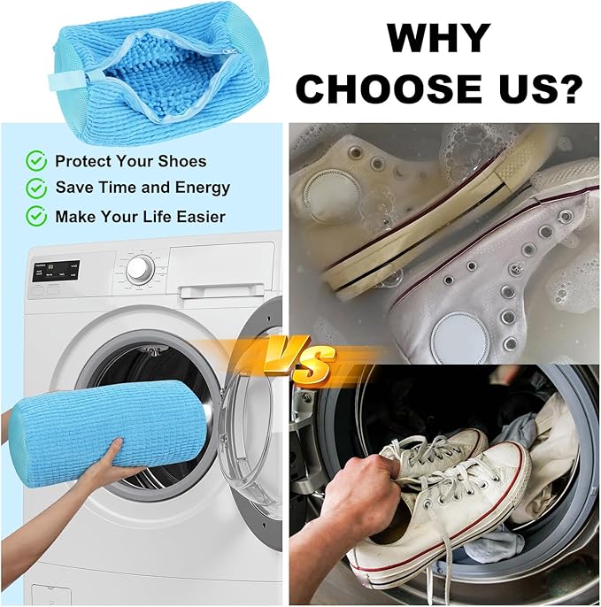 Shoe Washing Machine Bag - Shoe Laundry Bag for Washer and Dryer, Reusable 2 Pack, 360° Deep Cleaning, Self-Locking Zipper, Fits All Sneakers & Tennis Shoes - Blue