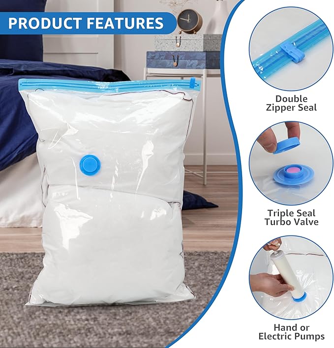 12 Jumbo Compression Storage Bags, Vacuum Storage Bags, Space Saver Bags for Comforters, Blankets, Bedding, Pillows and Clothes Storage, Hand Pump Included