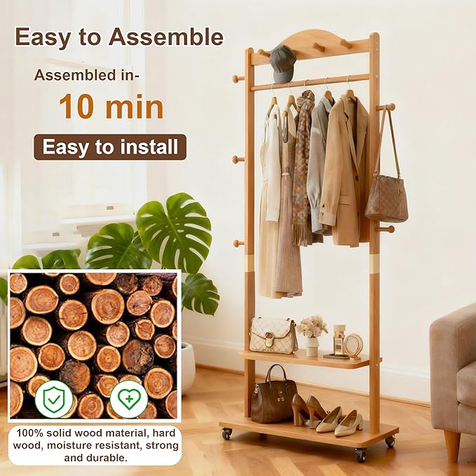 Coat Rack Freestanding Clothing Rack with Wheels - Heavy Duty Clothes Rack with 2 Shelves, Wooden Coat Hanger Stand with 4 Top Hooks & 5 Side Hooks for Entryway Hallway Living Room Office