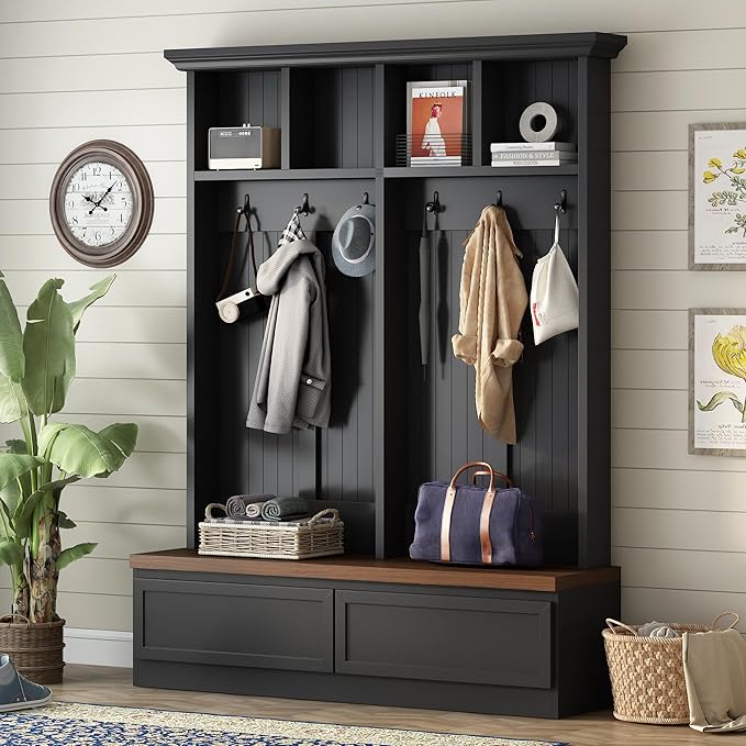 Hall Tree with Storage Bench, Farmhouse 4-in-1 Hall Tree with Wood Grain Bench, 2 Large Drawers, 6 Black Hooks, 4 Storage Compartments, Mudroom Versatile Coat Rack for Hallway, Living Room (Black/156)