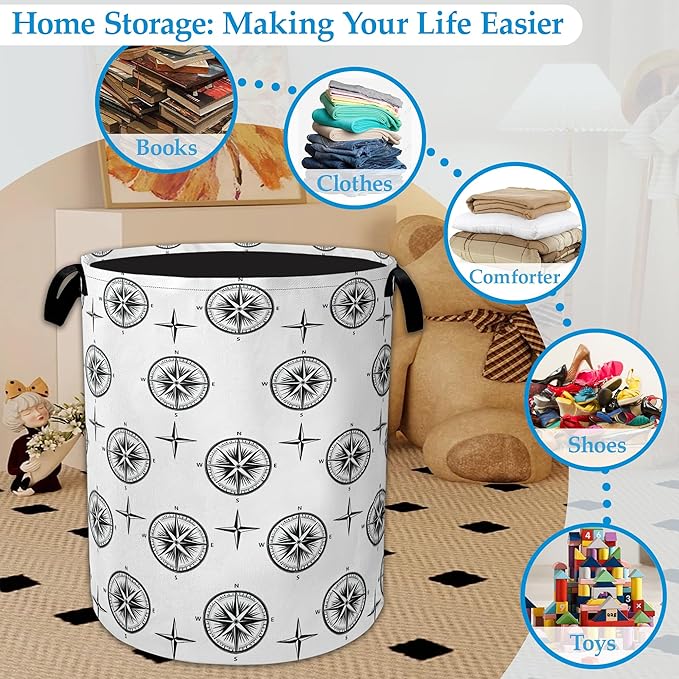 Black Compass Laundry Basket Collapsible Laundry Hamper Clothes Toy Storage Bin for Bathroom Bedroom Room Decor 16" X 20.8"