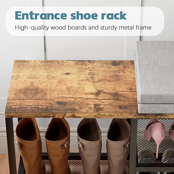 Shoe Rack for Entryway,Freestanding Hidden Shoe Storage Organizer, Boot Shoe Bench Shelves for High Heels with Seat Cushion,Narrow Wood Shoe Rack for Entrance Closet, Hallway, 3 Tier,Brown