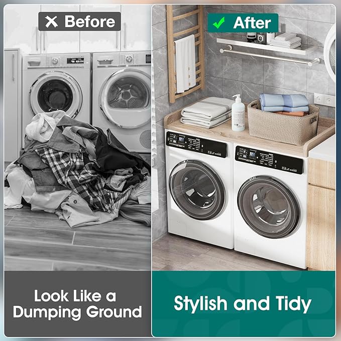Washer Dryer Countertop, 27.5" Depth x 54" Width, Washer Dryer Wood Top for Laundry Room Organization, Melamine Countertop with Edge Rails