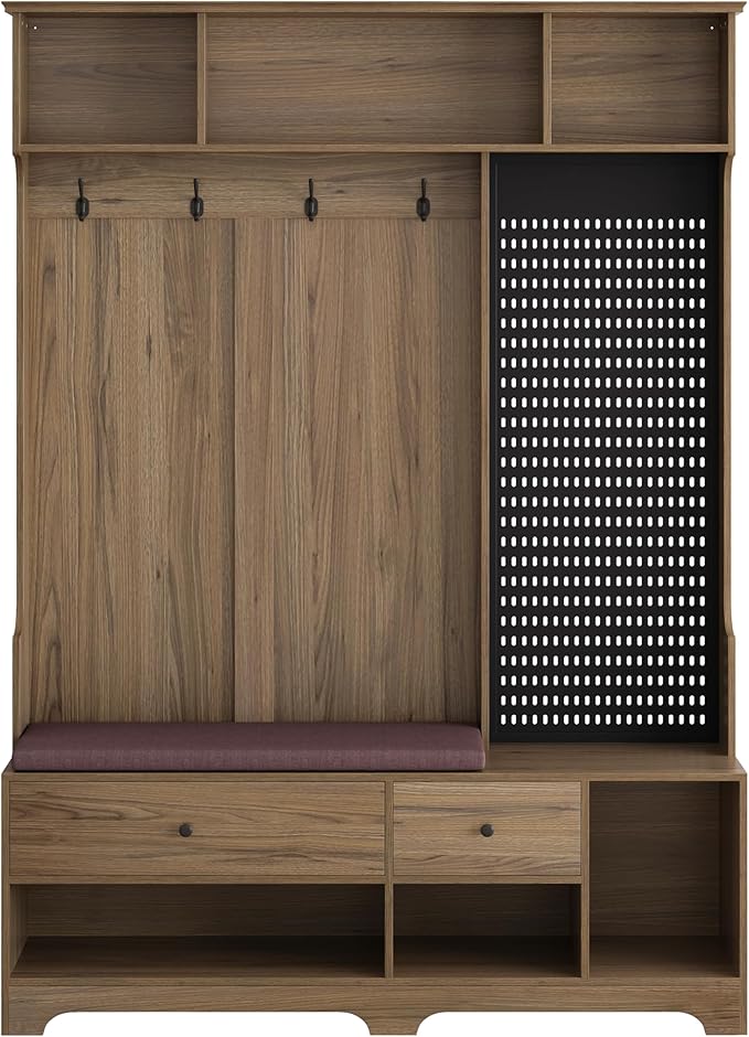 All-in-One Design Hall Tree with Removable Linen Cushioned, Entryway Bench, Coat Rack, Storage Shelves, DIY Pegboard, 4 Hooks, Multi-Purpose Hall Tree for Hallways Living Room
