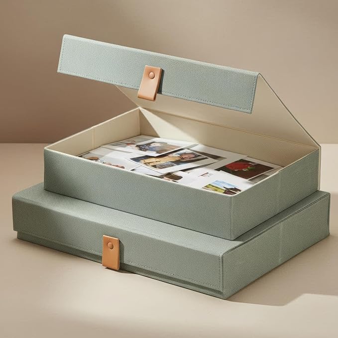 ZICOTO Decorative Photo Storage Boxes with Lids - Set of 2 Beautiful Linen Organizers Are Perfect to Safely Store Your Pictures, Documents, Scrapbooking Supplies, Keepsakes and Other Memories in Style
