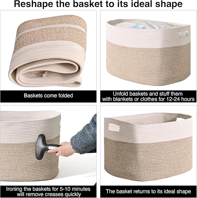 Extra Large Blanket Basket for Living Room, Rectangle Woven Cotton Rope Storage for Blankets, Toys, Clothes, Shoes, 25”x16”x16”, Off White & Brown, 108L