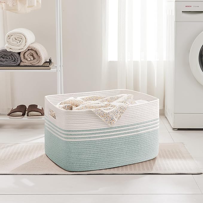 45L Small Laundry Basket for Living Room Storage, Woven Rope Baskets Bin for Blanket, Kids Toy, Gifts, Wicker Hamper for Bedroom Dirty Clothes, 18"x14"x11" White Green