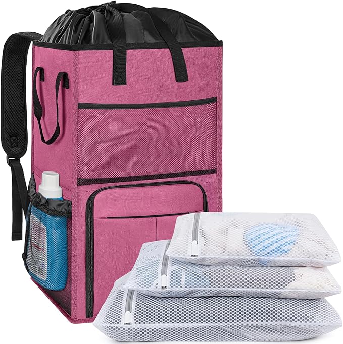 95L Laundry Backpack Bag with 3 Sizes Mesh Wash Bags Empty, Extra Large 2 in 1 Laundry Hamper Basket with Shoulder Straps, Freestanding Laundry Bag for College Dorm, Laundromat, Apartment (Pink)
