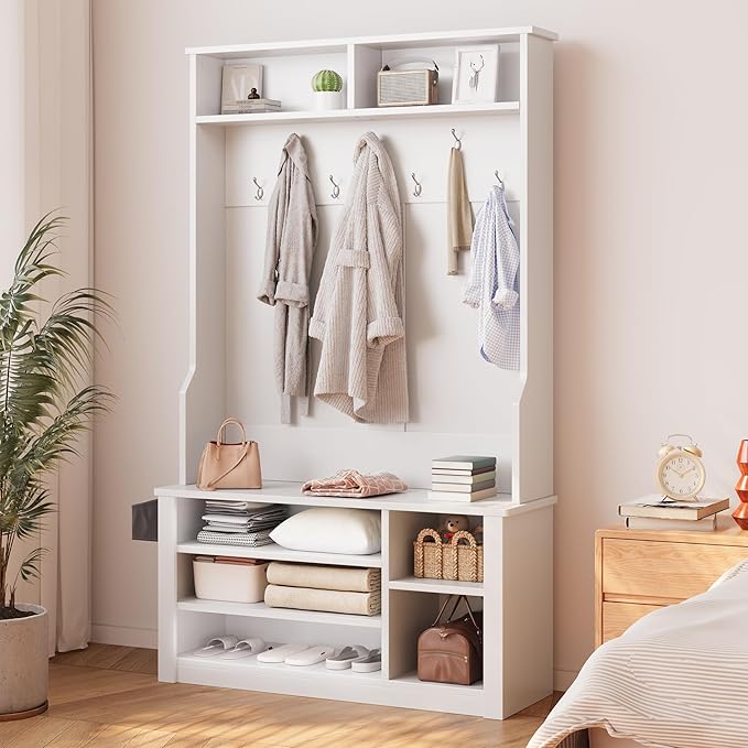 Aiho Entryway Bench with Coat Rack, 5-in-1 Hall Tree with Bench and Shoe Storage, Entryway Furniture, Adjustable LED Light, for Hallway, Living Room, White