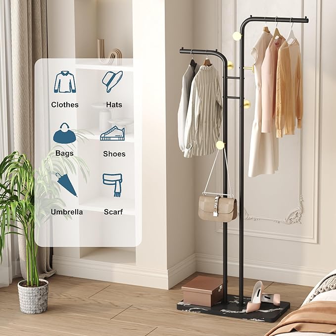 HOMEFORT Coat Rack, Freestanding Metal Coat Racks, Double-pole Clothes Hat Stand with 5 Hooks for Closet, Bedroom, Entryway, Living Room, Black