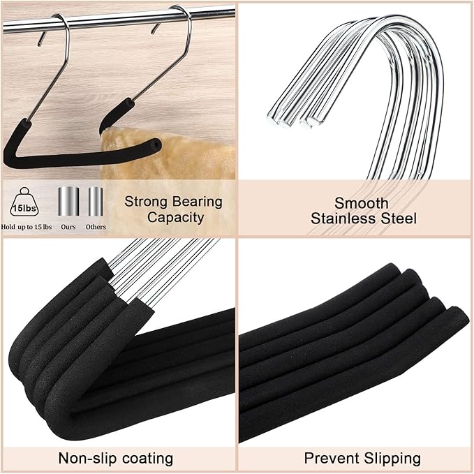 Open Ended Padded Pants Hangers Non Slip Foam Sponge Coated Pant Hangers for Men and Women Plating Anti Rust Chrome Metal for Closet Jeans Slacks Towel Skirt Organizer, Black(40 Pack)