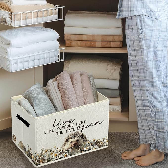Rustic Hedgehog Storage Bins & Boxes with Handles, Farmhouse Hedgehog Foldable Basket for Organizing, Live Like Someone Left the Gate Open Collapsible Storage Basket for Bedroom Bathroom Clothes