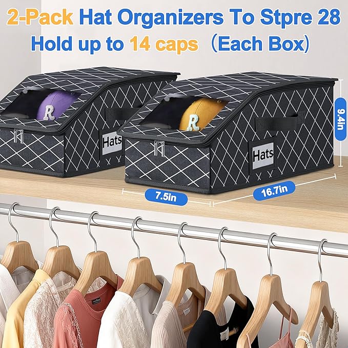 Dofilachy 2 Pack Stackable Hat Storage for Baseball Caps, Holds 28 Caps - Closet Organizer Box with Clear Window & Cardboard，Sturdy Snapback Hat Boxes for Home Storage (lozenge, 2)