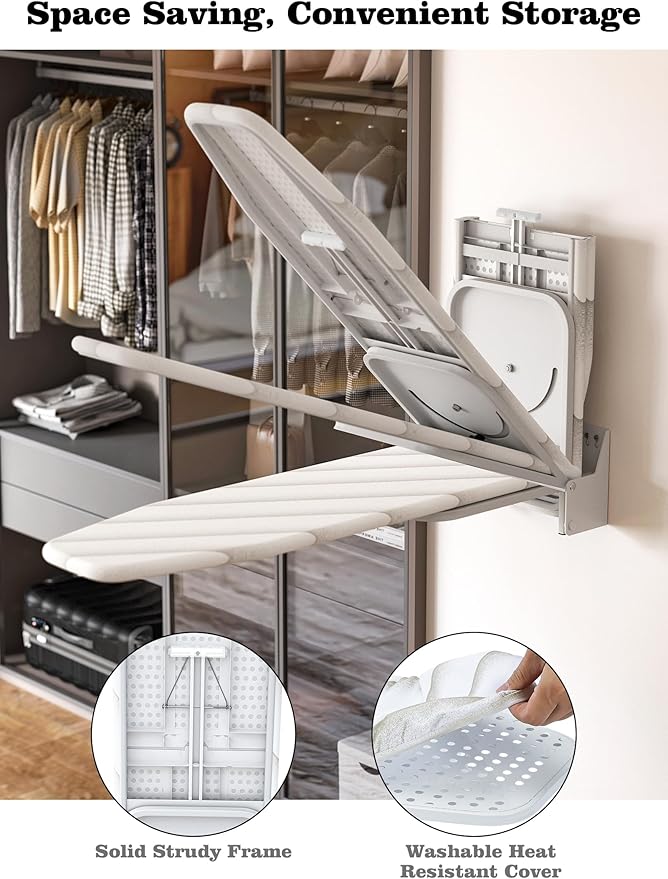 Nisorpa Wall Mounted Ironing Board 37.9" x 11.8" Fold Away 180° Swivel Iron Board with Heat Resistant Cover in Wall Ironing Board Space Saving for Home Laundry Room