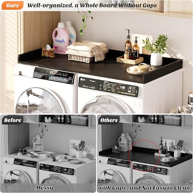 Aheaplus Washer and Dryer Countertop, Laundry Room Organization with Non-Slip Pads, Wood Shelf Topper with Round Corner Edge Rails, Folding Organizer for Laundry, 54" W x 27.5" D, Black