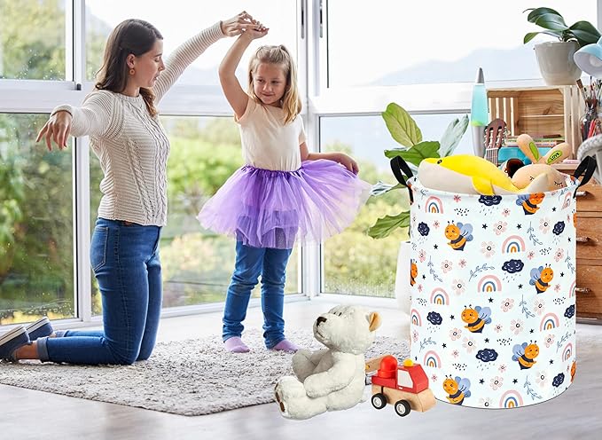 Rainbow Bee Print Canvas Laundry Basket,Waterproof Storage Bin with Handles 15.7" D×19.7" H Foldable Toy Organizer Decor Gift Basket for Kids' Bedroom & Home Organization