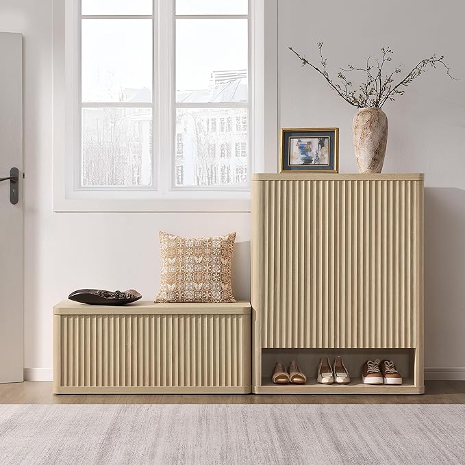 SICOTAS Storage Bench 80.4" Wide Shoe Bench with Lift Top Large Wooden Storage Chest Trunk Modern Blanket Chest with 4 Safety Hinges & Seating for Bedroom Entryway Living Room Hallway