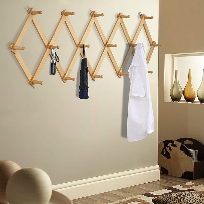 Dseap Accordian Wall Hanger: 16” High Wooden Wall Expandable Coat Rack, Hat Rack Holder, Accordion Hook for Baseball Caps, Coats, Mugs, 16 Peg Hooks, Natural