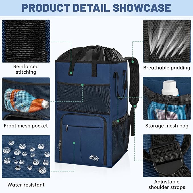 95L Laundry Backpack Bag with 3 Sizes Mesh Wash Bags Empty, Extra Large 2 in 1 Laundry Hamper Basket with Shoulder Straps, Freestanding Laundry Bag for College Dorm, Laundromat, Apartment (Blue)