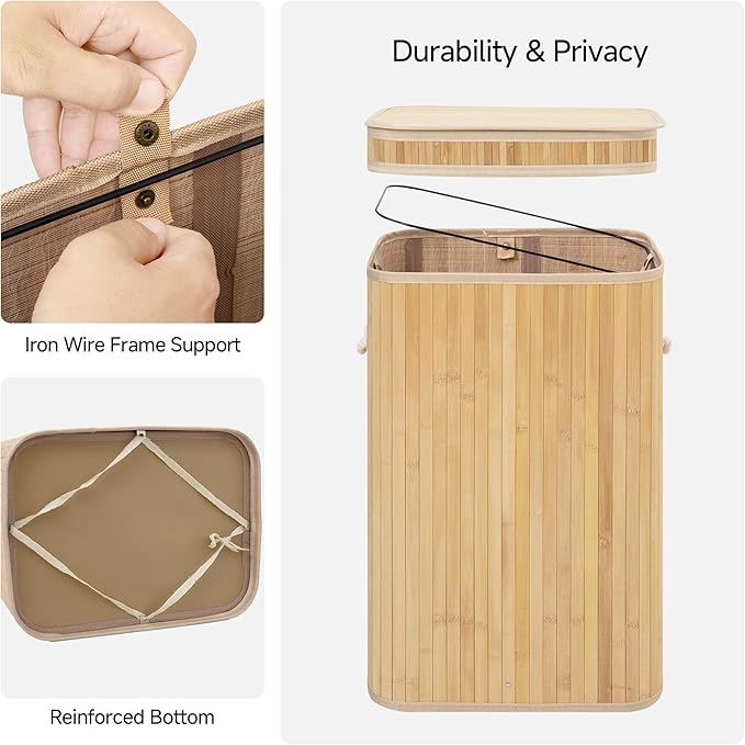 StorageWorks Laundry Hamper with Lid, Foldable Bamboo Laundry Basket, Clothes Hamper with Handles, Organizer and Storage for Laundry Room, Bedroom, Dorm, Natural
