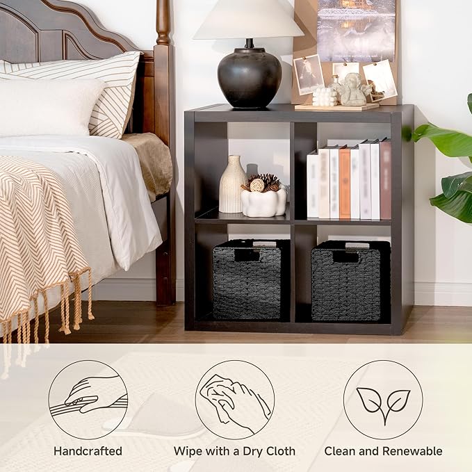 StorageWorks 9 inch Wicker Storage Cubes, Handwoven Wicker Baskets for Storage, Square Cube Basket, Foldable Paper Rope Basket for Organizing, Black, 2 Pack