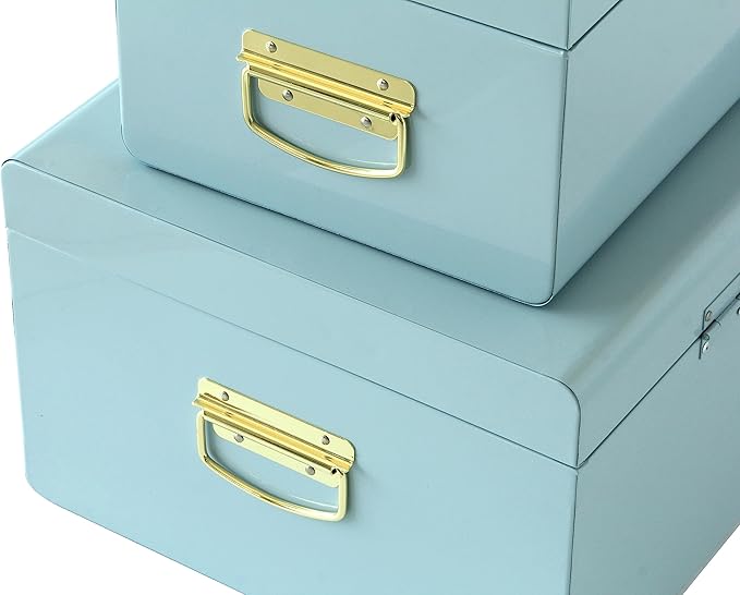 Vixdonos Metal Trunk Decorative Storage Box Set of 2 College Dorm Chest with Handle (Light Blue)