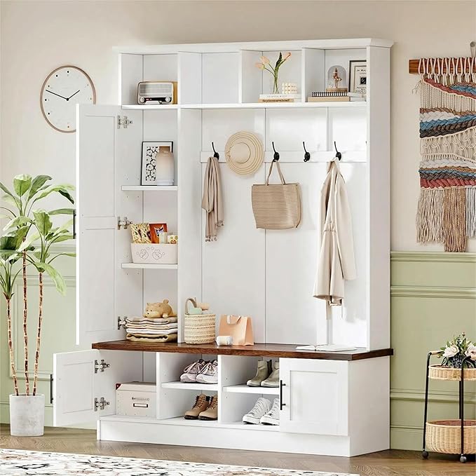 Merax Farmhouse Wood Hall Tree with 6 Hooks and Shoe Bench, Mudroom Versatile Coat Racks with Cabinets and Shelves, Entrance Organizer for Hallway White
