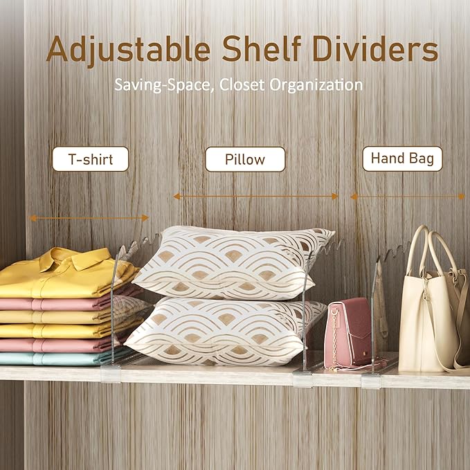 Acrylic Shelf Dividers for Closet Organization - 6 Pack Adjustable Clear Purse Organizer for Closet Handbag, Sweaters, Towels, Clothes Storage with Non-Slip Base