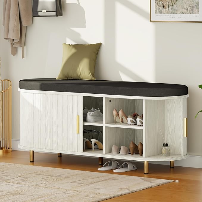 Entryway Bench with Storage: 43.31" Wooden Bedroom Shoe Bench with Thickened Padded Seat Cushion, Mid Century Modern Fluted Sliding Door and Adjustable Shelf, for Entryway, Living Room
