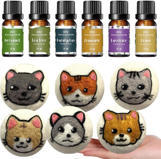 Essential Oils for Laundry, Diffusers, Dryer Balls, Candles, Soaps – 6 Most Popular 100% Pure Therapeutic Grade Aromatherapy Oils (6 XL Cat Dryer Balls & Essential Oil Set Bundle)
