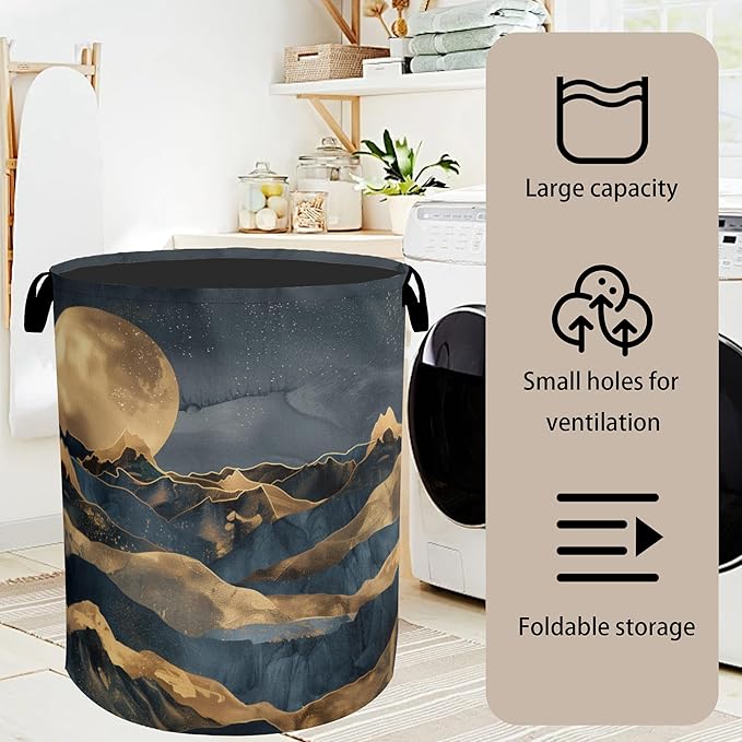 Golden Mountain Moon Laundry Basket with Handles - Extra Large Foldable Hamper for Bathroom/Laundry/Bedroom/Dorm, Washable Fabric Storage Bin