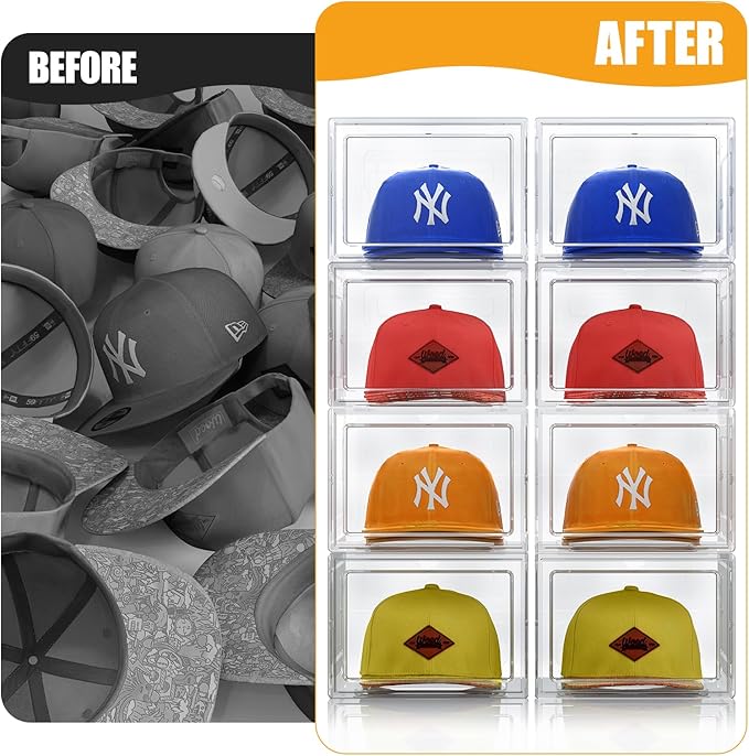 Hat Organizer Box, Stackable Clear Baseball Caps Holder Box Containers with Magnetic Door for Hats Snapback Cap Storag, Hat Rack Display Case, Holds 8 Hats Each (Clear, 4 Pack)