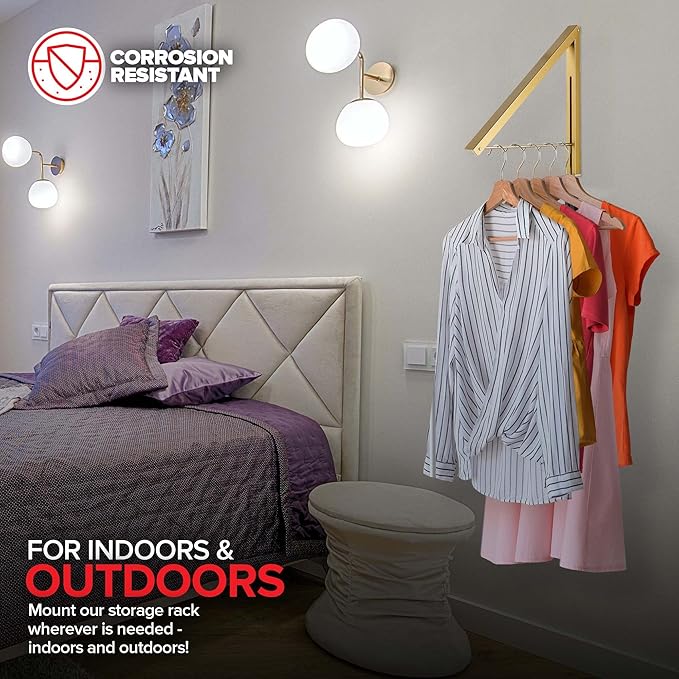 Single Foldable Clothing Rack, Wall-Mounted Retractable Clothes Hanger for Laundry Dryer Room, Hanging Drying Rod, Small Collapsible Folding Garment Racks, Dorm Accessories (Gold)
