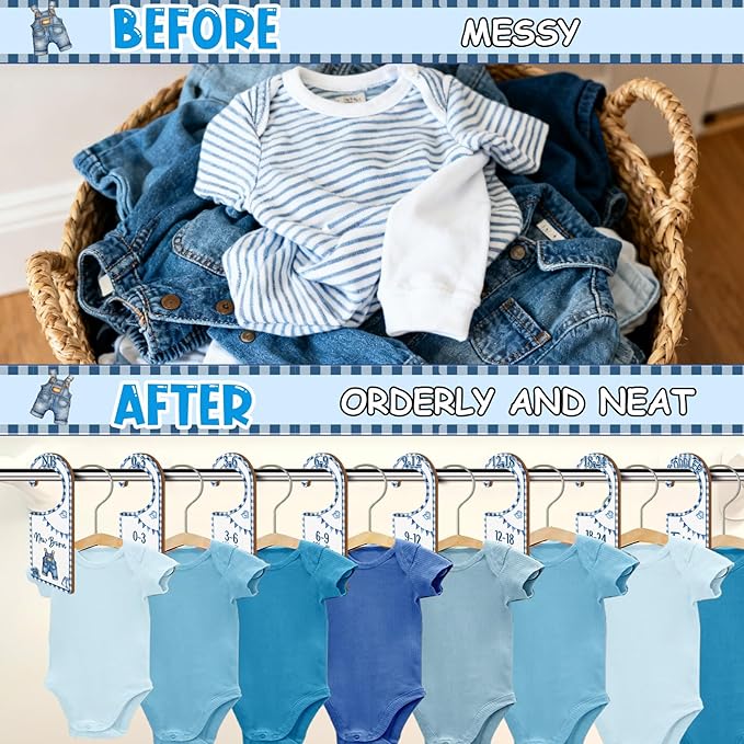 Baby Closet Dividers 8PCS, Denim Themed Wooden Double-Sided Clothes Size Hanger/Organizer from Newborn to Toddler, Blue Jean Nursery Decor Baby Shower Birthday Gender Reveal Party Gift