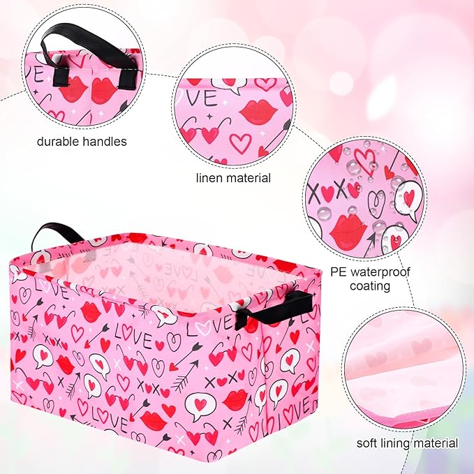 Vesici 6 Pack Valentine's Day Baskets for Gifts Empty Pink Heart Storage Bins Foldable Cute Storage Basket Rectangular Canvas Organizer Boxes with Handle for Books Clothes Home